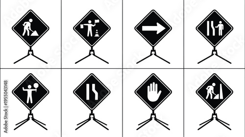 Eight black and white diamond-shaped traffic and construction signs on stands traffic sign road sign