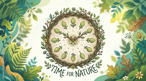 Time for Nature Clock Vector Illustration with Green Leaves and Branches on Botanical Background