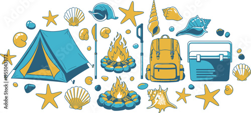 A colorful illustration of beach camping icons including a tent, backpack, cooler, campfire, seashells, starfish, and other beach and camping related items on a white background