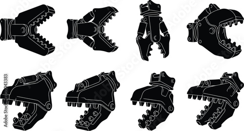 Eight black silhouette 3D rendered robotic claws and grippers shown from multiple angles mechanical hand