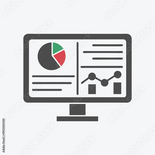 Computer monitor displays statistical graphs and charts showing analysis on a white background