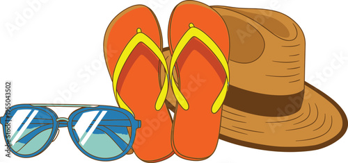 A colorful illustration of summer vacation accessories including blue sunglasses orange flip flops with yellow straps and a brown straw hat on a white background.