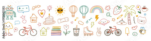 Cute doodle-outlined design elements set. Funny creative art animals, boba, robo flowers, rainbow abstract shapes in kids scribble style. Trendy naive drawings. Childish hand-drawn vector illustration