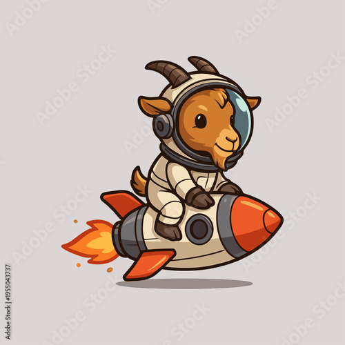 Cute Space Goat Riding a Rocket icon logo flat vector design
