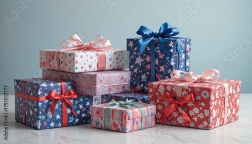 Wrapped Gifts Arranged on a Light-Colored Table With a Blue Backdrop Ready for a Celebration Event