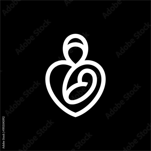 A modern, minimalist icon merging a heart shape with a stylized mother and child silhouette.