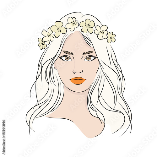 Beautiful woman portrait in a flower wreath, elegant female avatar with long hair, flat vector illustration in line graphics style isolated on white background.