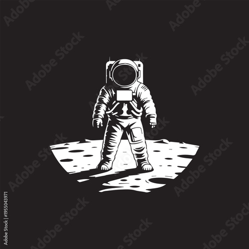 Astronaut Standing on Moon Surface Black and White Vector Illustration Space Exploration