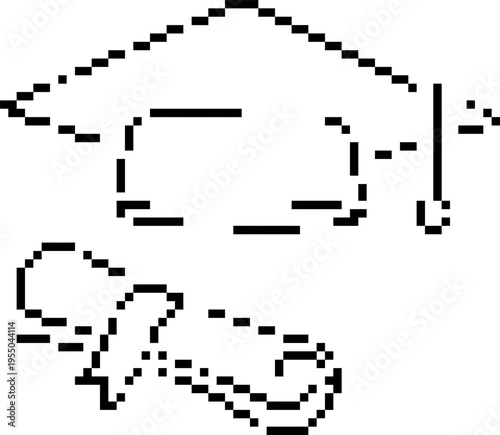 Pixel graduate icon in retro 8-bit style. Student with graduation cap vector illustration isolated on white background.