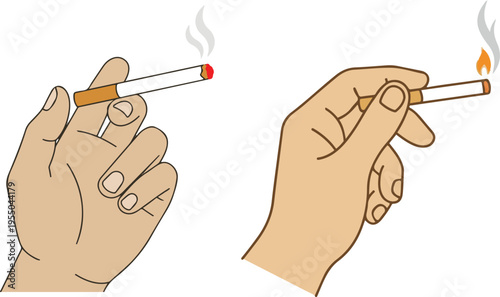Illustration of two hand positions holding a lit cigarette, demonstrating different ways of gripping and smoking, with visible smoke trails on a neutral background.