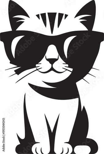 Stylized Cat Wearing Sunglasses SittingBlack and White Vector Illustration