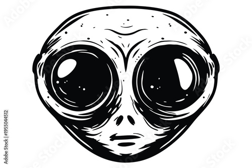 Detailed alien head displays high contrast line work and immense black eyes looking forward