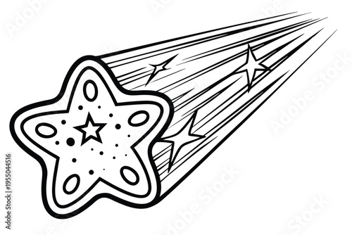 Bold black and white drawing shows an alien's face with large, dark eyes