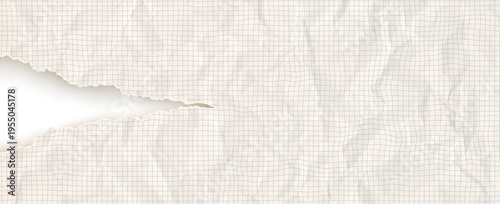 Abstract torn notebook with vintage paper background and rip graph grid. Ripped note white with leaf square craft and math newspaper school. Piece line abstract with notepad sketchbook vintage.