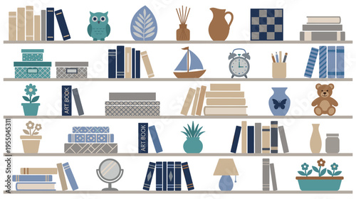 Colorful bookshelves with books and various decorative items