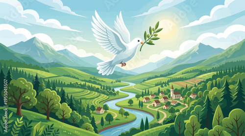 White Dove of Peace Flying Over Green Valley Landscape with River and Village Vector Illustration