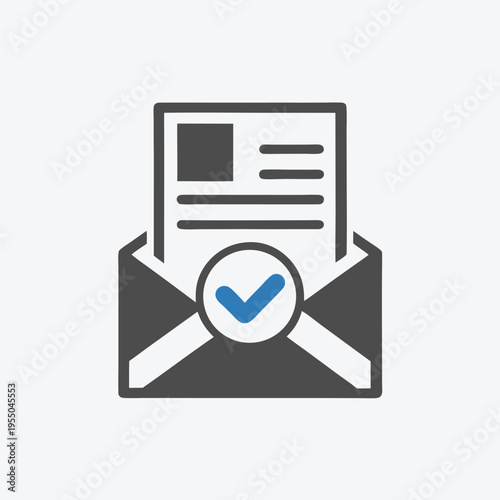 Approved document inside mail receives positive checkmark confirmation for application acceptance notification