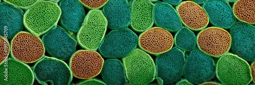 Close up microscopic plant fiber cell cross section showing round vessels porous walls and vibrant color contrast