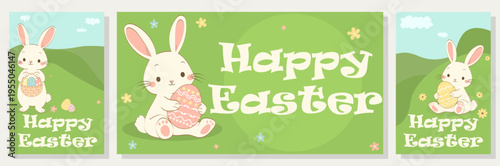 Cute Easter Bunny Banner Set with Eggs, Pastel Spring Greeting Cards and Horizontal Templates