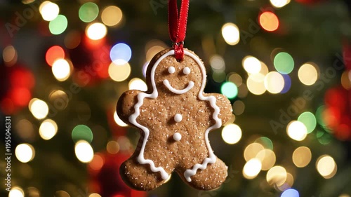 A gingerbread ornament hangs on a tree. Colorful lights shine in the background. The scene shows the holiday spirit at night