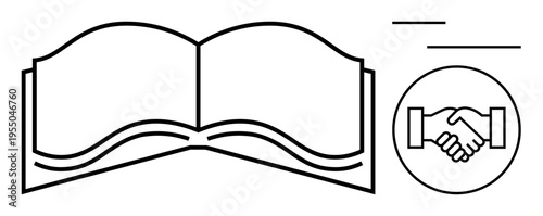Collaboration concept. Open book and handshake outline suggest teamwork, partnership, and education. Collaboration enhances learning, trust, and mutual support. For education, teamwork business