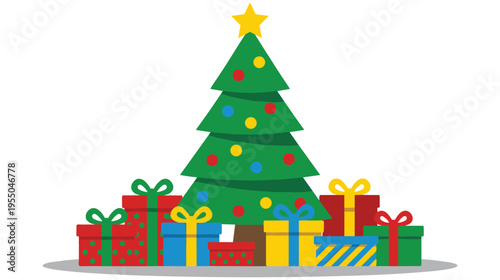 Colorful christmas tree with bright ornaments and pile of gift boxes