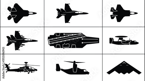 A dynamic vector silhouette array featuring a diverse range of modern military aircraft and a formidable aircraft carrier, presented from various angles and perspectives