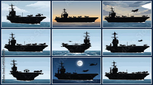 A collection of nine distinct vector illustrations showcasing the majestic silhouette of a modern aircraft carrier navigating various marine environments and times of day, from bright daylight 