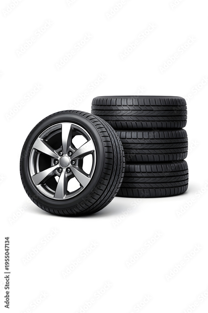 Obraz premium Stack of four new car tires with silver rims, ready for automotive needs.