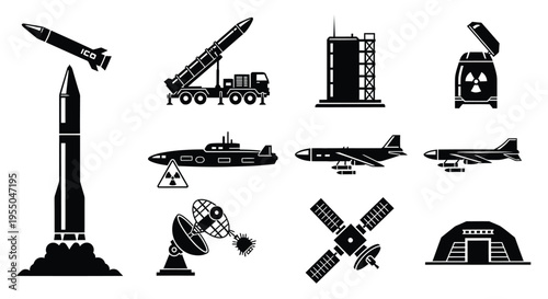 ICBM Missile Launch, Nuclear Submarine, Bomber Aircraft, and Satellite Vector Silhouettes