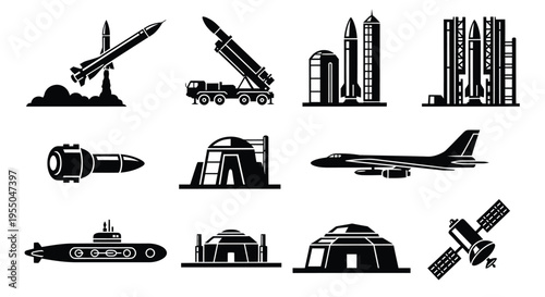 Military Base, Missile Launcher, Bomber Aircraft and Satellite Silhouette Icons Set  Black Vector Illustration