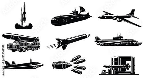 Nuclear Submarines, ICBM Mobile Launchers, Tactical Bombers, and Ballistic Missile Silos Vector Silhouettes