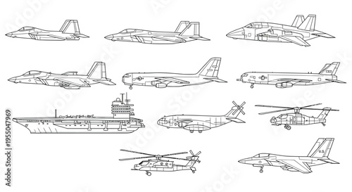 Black and White Thin Line Illustrations of Warplanes, Transport Jets, and Warships
