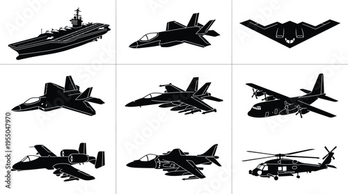 A comprehensive collection of distinct military aircraft and naval vessel silhouettes presented in a clean, high-contrast vector style, illustrating a range of modern defense transportation