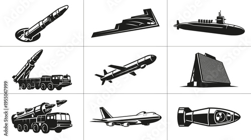 A detailed vector compilation showcasing various modern military armaments and vehicles, including a formidable submarine, advanced missiles on mobile launchers, an air-launched cruise missile
