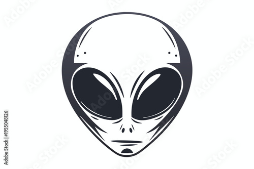 A monochrome alien face with large eyes and smooth cranium stares straight ahead