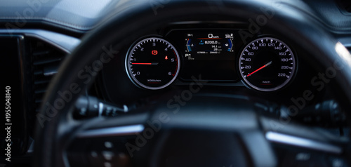 Photography Modern Car Digital Dashboard and Instrument Cluster in Close-up,A high-angle, cl