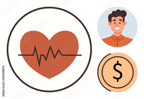 Healthcare, personal finance, wellness, health insurance, economic value, human life. Heart with heartbeat line, smiling man currency symbol. Healthcare and personal finance