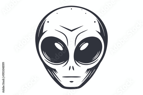 Minimalist black alien head showcases large, dark eyes and otherworldly features for a simple, striking aesthetic