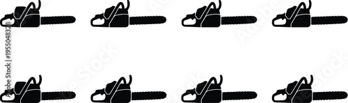 Eight Black Silhouette Chainsaws Lined Up Horizontally on a White Background power tool