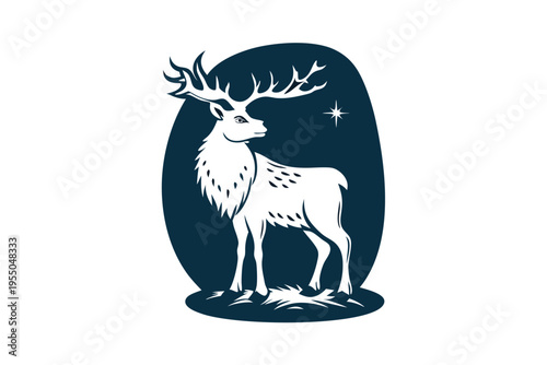 Majestic reindeer gazes upward against an oval backdrop featuring a bright star in art