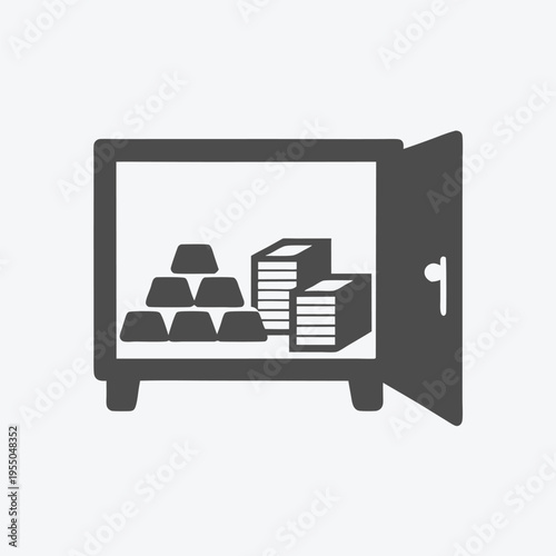 Open safe reveals stacks of cash and gold bars inside the strongbox icon