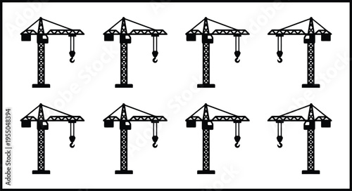 Eight Black Silhouette Construction Tower Cranes on White Background construction crane building