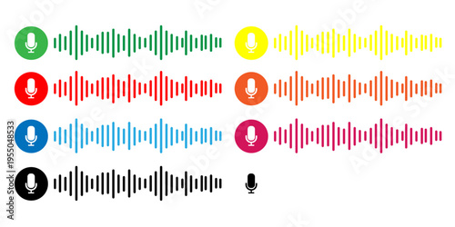 Set of 7 colorful voice sound wave vector icons with microphone symbols for audio recording and speech recognition.