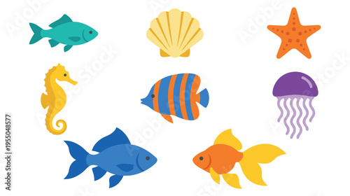 Colorful marine life icons with tropical fish and sea creatures set
