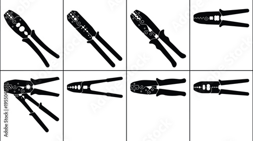 Eight black silhouette crimping tools and wire strippers shown in various open and closed positions on a white background