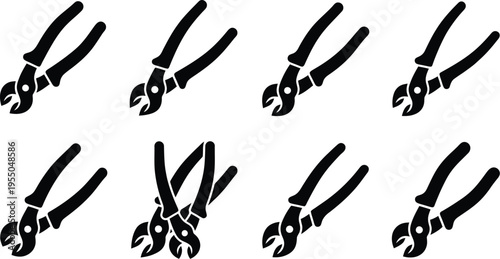 Eight Black Silhouette Diagonal Wire Cutters on White Background nippers diagonal cutters