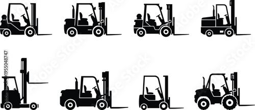 Eight Black Silhouette Forklift Trucks on White Background material handling logistics