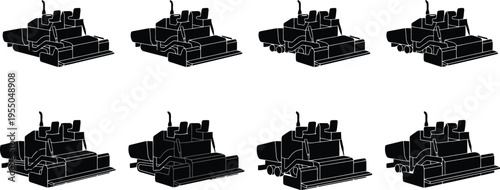 Eight black silhouette icons of a bulldozer or heavy construction vehicle from different angles on a white background