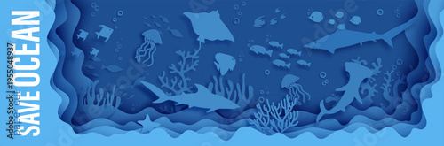 Save the ocean fantasy papercut background. Layered paper craft underwater scene bg with stingray, hammerhead fish, shark, jellyfish, crab, coral, wave cutout design. Vector sea marine life concept